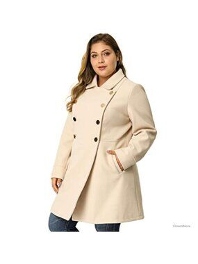 Plus Size Double Breasted A Line Midi Pea Coat Lapel Fully Lined